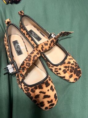 Rachel Leopard Print Mary Jane Flats - Tan and Brown with Black Trim